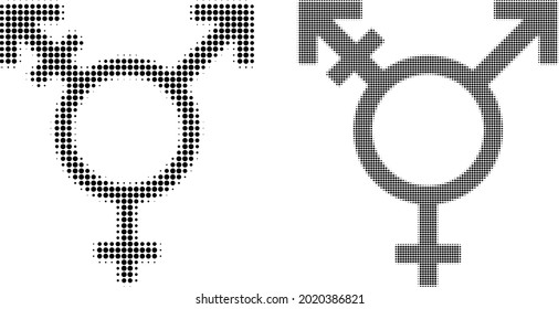 Medio tono de punto tres símbolo de género. Patrón de semitono vectorial de tres símbolos de género combinados con elementos esféricos.