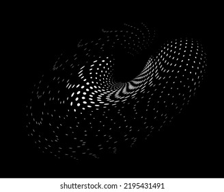 Dot halftone transparent swirl on dark background. A gauzy contour of dots, strokes, spots. Vector.