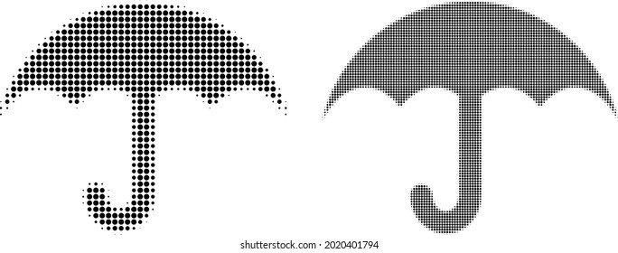 Dot halftone Regenschirmsymbol. Vektorhalftonkomposition eines Schirmbildes, das aus runden Elementen besteht.