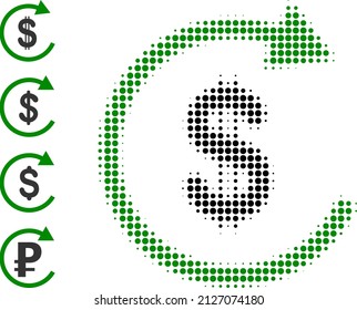 Dot halftone USD repay icon, and bonus icons. Vector halftone composition of USD repay icon created of round dots.