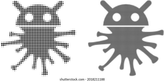 Icono del robot de virus de medio tono de punto. Concepto vectorial de medio tono del icono robot de virus diseñado de píxeles redondos.