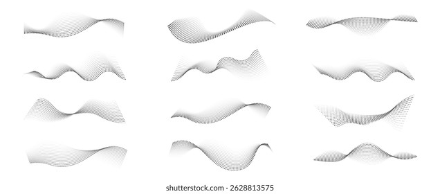 Dot halftone wave. Abstract line pattern, black dotted curve shapes, wavy dots and particles gradient texture, modern retro half tone design. Vector point waves set.