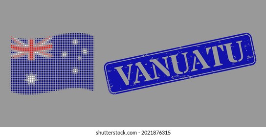 Dot halftone waving Australia flag icon, and Vanuatu scratched rectangular seal. Vector halftone concept of waving Australia flag icon constructed of round points.