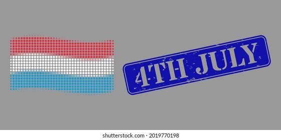 Icono de bandera luxemburguesa con semitono de punto y imitación de sello rectangular corroída el 4 de julio. Concepto vectorial de medio tono de ondear el icono de la bandera luxemburguesa creado de elementos de círculo.