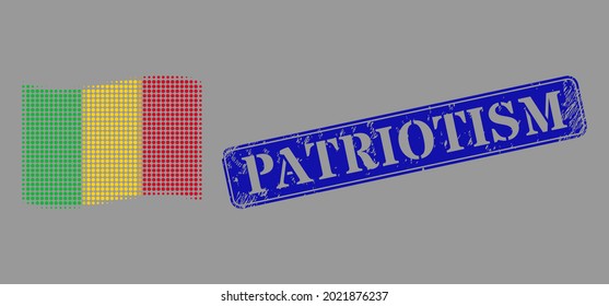 Dot halftone waving Mali flag icon, and Patriotism rubber rectangle seal. Vector halftone mosaic of waving Mali flag icon constructed with spheric points.