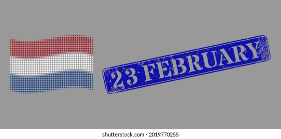 Dot halftone waving Netherlands flag icon, and 23 February scratched rectangle seal print. Vector halftone mosaic of waving Netherlands flag icon done of round pixels.