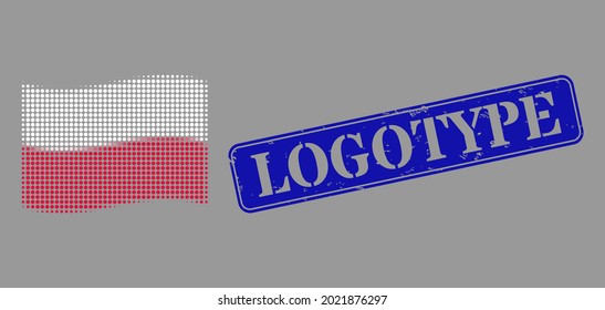 Dot halftone waving Poland flag icon, and Logotype grunge rectangle seal print. Vector halftone composition of waving Poland flag icon formed of round items.