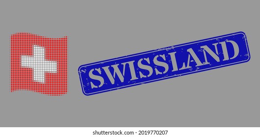 Dot Halftone Waving Swiss Flag Icon, And Swissland Scratched Rectangle Stamp. Vector Halftone Collage Of Waving Swiss Flag Symbol Formed Of Circle Pixels. Blue Stamp Seal Has Swissland Caption Inside.