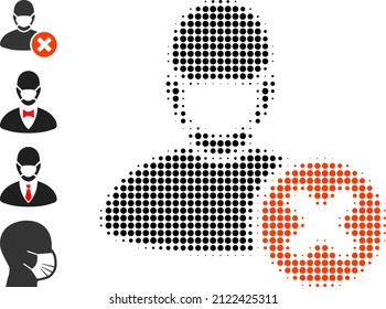 Dot halftone wrong masked man icon, and other icons. Vector halftone concept of wrong masked man pictogram formed of circle items.