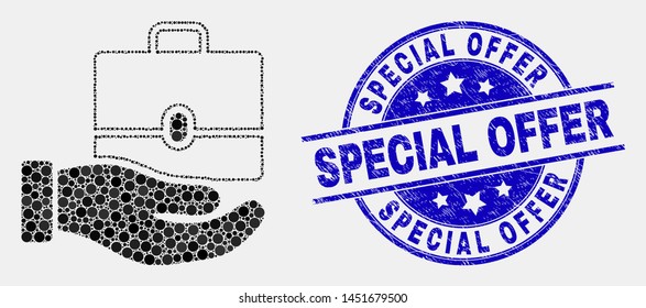 Dot hand offer case mosaic icon and Special Offer seal stamp. Blue vector rounded distress seal stamp with Special Offer message. Vector composition in flat style.