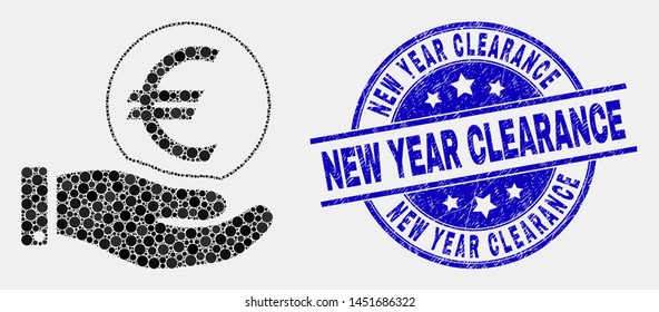 Dot hand offer euro coin mosaic icon and New Year Clearance seal stamp. Blue vector round textured seal stamp with New Year Clearance message. Vector combination in flat style.