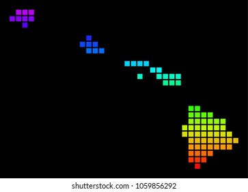 A dot Havaii Islands Map. Vector geographic map in bright spectrum colors on a black background. Colorful vector abstract collage of Havaii Islands Map organized of dots.