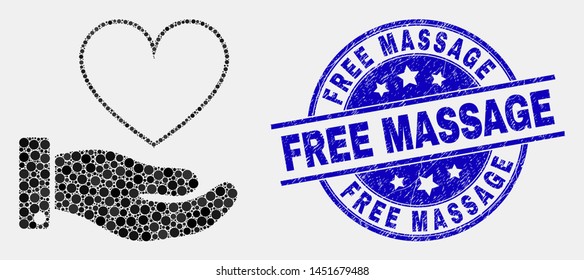 Dot heart donation hand mosaic icon and Free Massage watermark. Blue vector rounded distress watermark with Free Massage title. Vector composition in flat style.