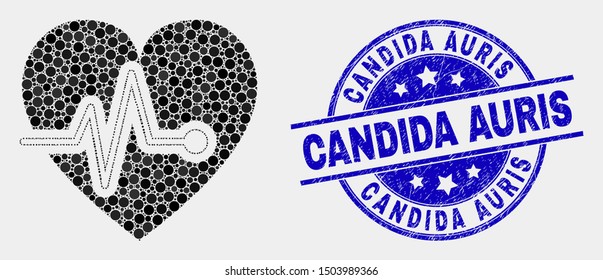 Dot heart pulse mosaic icon and Candida Auris watermark. Blue vector round grunge stamp with Candida Auris phrase. Vector composition in flat style.