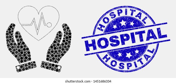 Dot heart surgery care hands mosaic icon and Hospital seal stamp. Blue vector rounded textured watermark with Hospital title. Vector collage in flat style.