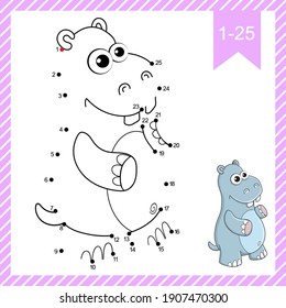 Dot to dot. Hippopotamus. Logic Game and Coloring Page with answer. Connect the dots by numbers and finish draw the cartoon cute Hippo. Education worksheet for kids practicing count numbers to 25.
