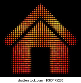Dot home icon. Bright pictogram in orange color shades on a black background. Vector halftone collage of home symbol combined of circle items.