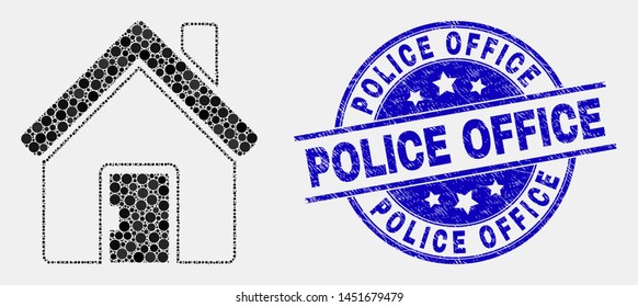 Dot home mosaic icon and Police Office seal stamp. Blue vector rounded scratched watermark with Police Office text. Vector collage in flat style. Black isolated home mosaic of scattered dots,