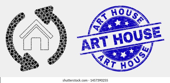 Dot home refresh arrows mosaic pictogram and Art House stamp. Blue vector rounded scratched stamp with Art House phrase. Vector collage in flat style.