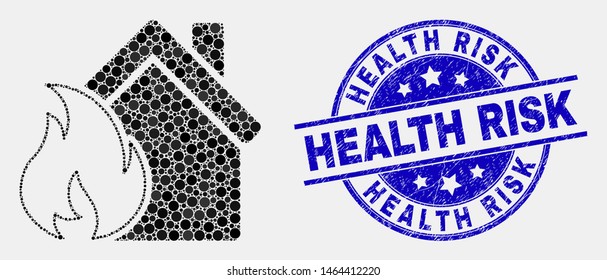 Dot house fire damage mosaic icon and Health Risk stamp. Blue vector rounded grunge seal stamp with Health Risk message. Vector collage in flat style.