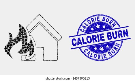 Dot house fire disaster mosaic icon and Calorie Burn seal stamp. Blue vector round distress seal stamp with Calorie Burn message. Vector combination in flat style.