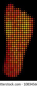 Dot human footprint icon. Bright pictogram in fire color hues on a black background. Vector halftone composition of human footprint icon done of round points.