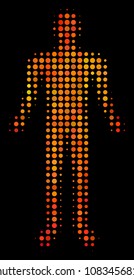 Dot human icon. Bright pictogram in orange color tints on a black background. Vector halftone mosaic of human symbol made of spheric elements.