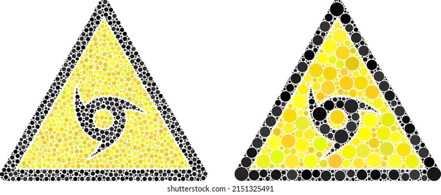 Dot hurricane danger icon. Mosaic hurricane danger icon united from circle items in random sizes and color hues. Vector spheric items are united into composition hurricane danger icon.