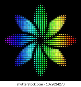 Dot impressive halftone abstract flower icon drawn with spectrum color tones with horizontal gradient on a black background.
