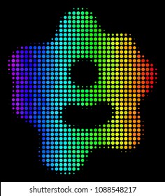 Dot impressive halftone amoeba icon drawn with rainbow color tinges with horizontal gradient on a black background. Multicolored vector collage of amoeba symbol composed of round cells.