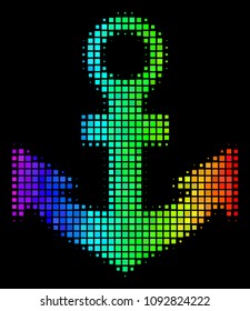 Dot impressive halftone anchor icon drawn with spectral color variations with horizontal gradient on a black background. Color vector pattern of anchor illustration done of square particles.