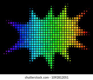 Dot impressive halftone boom bang icon in spectral color shades with horizontal gradient on a black background. Multicolored vector collage of boom bang pictogram created with square cells.