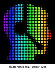 Dot impressive halftone call center operator icon in rainbow color hues with horizontal gradient on a black background. Bright vector collage of call center operator symbol formed with spheric items.