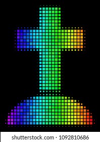 Dot impressive halftone cemetery icon drawn with rainbow color hues with horizontal gradient on a black background.