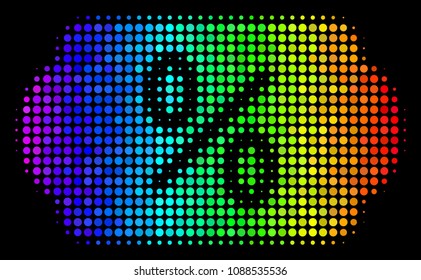 Dot impressive halftone discount tag icon in spectral color tints with horizontal gradient on a black background. Bright vector concept of discount tag pictogram combined from round dots.