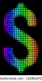 Dot impressive halftone dollar icon drawn with spectral color hues with horizontal gradient on a black background. Color vector pattern of dollar pictogram done of rectangular pixels.