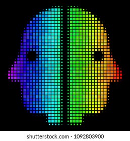 Dot impressive halftone dual face icon using rainbow color variations with horizontal gradient on a black background. Color vector collage of dual face symbol organized of square cells.