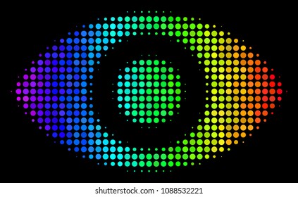 Dot impressive halftone eye icon using spectral color tints with horizontal gradient on a black background. Colored vector collage of eye pictogram constructed from round points.
