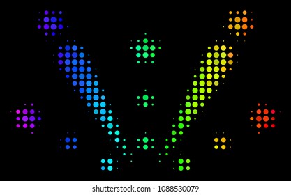 Dot impressive halftone fireworks explosion icon using rainbow color variations with horizontal gradient on a black background.