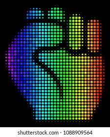 Dot impressive halftone fist icon in spectrum color shades with horizontal gradient on a black background. Multicolored vector composition of fist pictogram organized with round items.