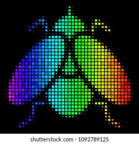 Dot impressive halftone fly insect icon drawn with spectrum color tints with horizontal gradient on a black background. Bright vector mosaic of fly insect illustration designed of rectangular cells.