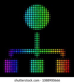 Dot impressive halftone hierarchy icon drawn with rainbow color shades with horizontal gradient on a black background. Color vector collage of hierarchy symbol designed from spheric particles.