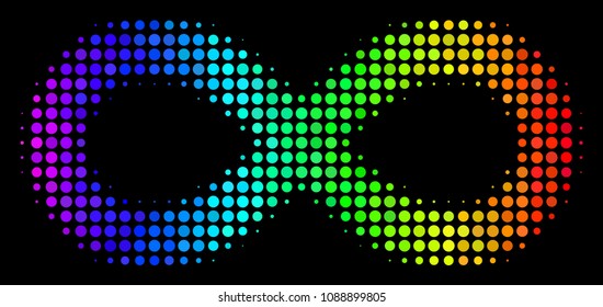 Dot impressive halftone infinity icon using spectrum color tints with horizontal gradient on a black background. Colorful vector composition of infinity pictogram done with spheric pixels.