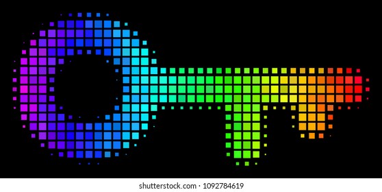 Dot impressive halftone key icon in spectrum color tints with horizontal gradient on a black background. Bright vector collage of key pictogram composed of square matrix cells.