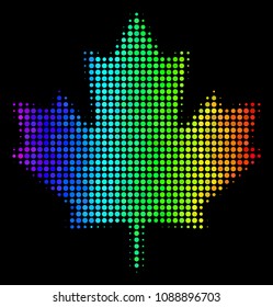 Dot impressive halftone maple leaf icon in spectral color tinges with horizontal gradient on a black background. Bright vector concept of maple leaf illustration formed of spheric elements.