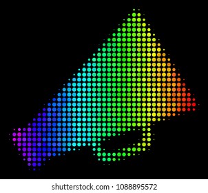Dot impressive halftone megaphone icon in spectral color tones with horizontal gradient on a black background. Multicolored vector concept of megaphone illustration constructed from circle particles.