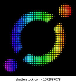 Dot impressive halftone node link icon using rainbow color tints with horizontal gradient on a black background. Multicolored vector concept of node link illustration made of square points.