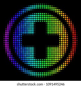 Dot impressive halftone pharmacy icon using rainbow color tones with horizontal gradient on a black background. Colorful vector composition of pharmacy illustration combined of round dots.