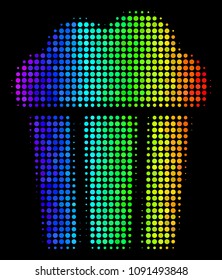 Dot impressive halftone popcorn bucket icon using spectral color variations with horizontal gradient on a black background.