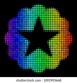 Dot impressive halftone quality icon in rainbow color tones with horizontal gradient on a black background. Colored vector pattern of quality symbol organized of rectangular cells.